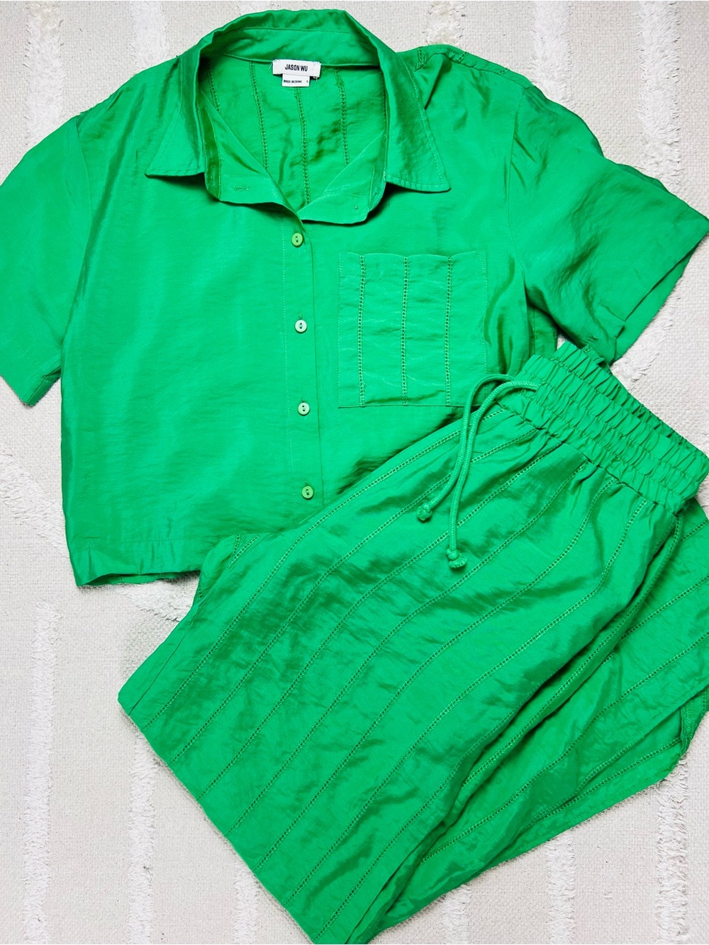 Jason Wu Matching Green 2-Piece Set Short Sleeve Button Down/Wide-Leg Pants – S